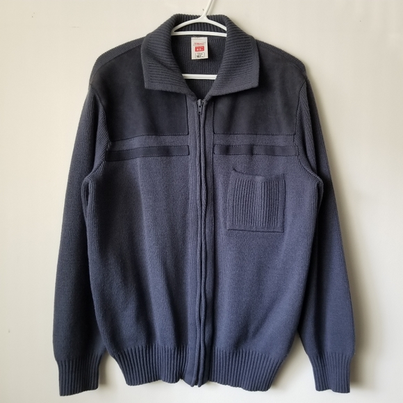 80s Vintage ST. MICHAEL Suede Accent Zip-up Cardigan Sweater Size 42 / XL - Picture 1 of 15